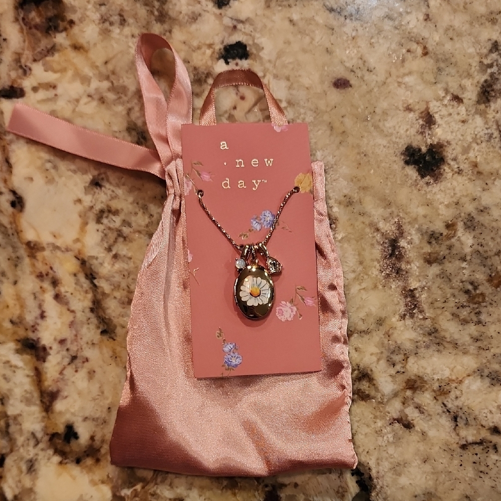 A New Day Daisy Locket And Crystal Milky Gem Accent Pendant W/ Gokd Tone Chain